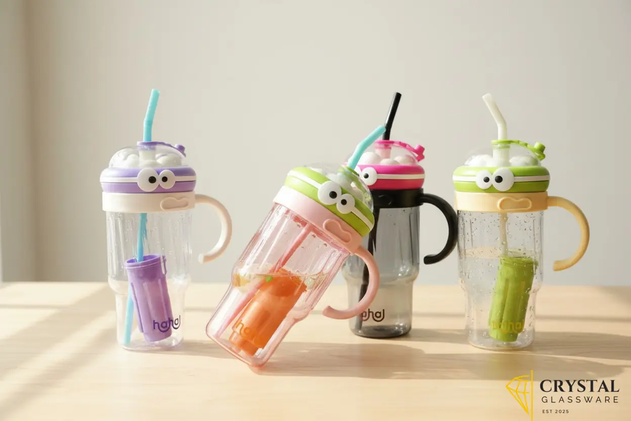 Colorful large capacity cartoon eye-themed sport water bottles with straws — Crystal Glassware Pakistan